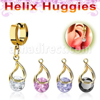 ehgz416 pendiente huggie helix acero inoxidable pvd dorado colgante zirconia redonda ajustada presion oro al por mayor