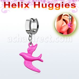 ehh454 pendiente huggie helix acero inoxidable pajaro pintado rosa colgado se vende por pieza al por mayor