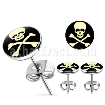 er194 par piercings oreja acero inoxidable logo calavera sonriente blanca huesos cruzados 10mm distribuidor