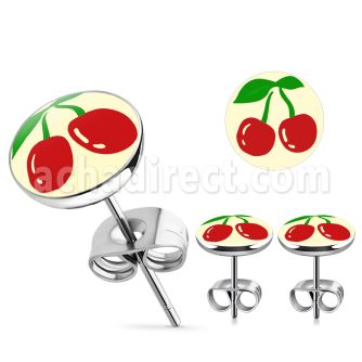 er204 par piercings oreja acero inoxidable logo cerezas estilo vintage fondo blanco 10mm distribuidor