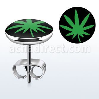 er209 par piercings oreja acero inoxidable logo hoja marihuana verde fondo negro 10mm mayorista