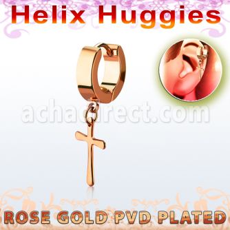er268cr pequeno pendiente huggie helix acero quirurgico pvd oro rosa colgante acero cruz al por mayor