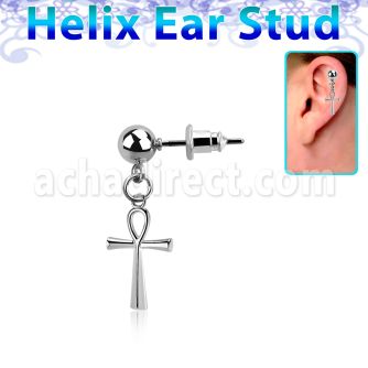 erbd769 piercing oreja bola acero quirurgico colgante cruz ankh plata & distribuidor