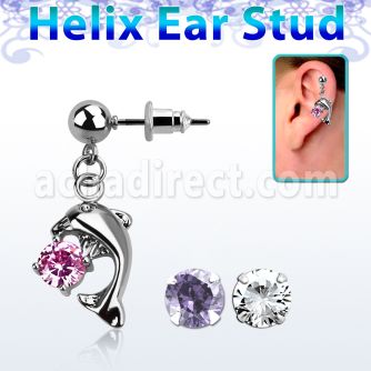 erbz7 piercing oreja acero quirurgico bola delfin colgado zirconia redonda se vende por pieza distribuidor mayorista