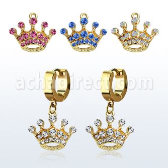erg703 pendiente huggie oreja acero inoxidable pvd dorado colgante corona cristal mayorista