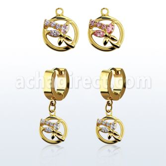 ergz520 pendiente huggie oreja acero inoxidable pvd dorado colgante circular mariposa cristal venta