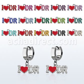 erh667 par pendientes huggie oreja acero inoxidable brillo espejo colgante cristal texto i love dr distribuidor mayorista