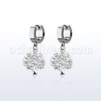 erh697 par pendientes huggie oreja acero inoxidable brillo espejo colgante arbol vida plata mayorista