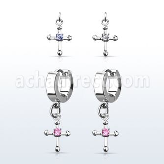 erhz14s par pendientes huggie oreja acero inoxidable brillo espejo colgante cruz zirconia centro distribuidor