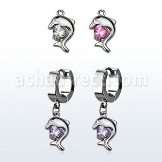 erhz300 par pendientes huggie oreja acero inoxidable brillo espejo colgante delfin zirconita redonda distribuidor mayorista