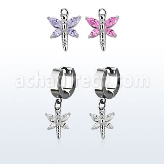erhz349 par pendientes huggie oreja acero inoxidable brillo espejo colgante libelula alas zirconia al por mayor