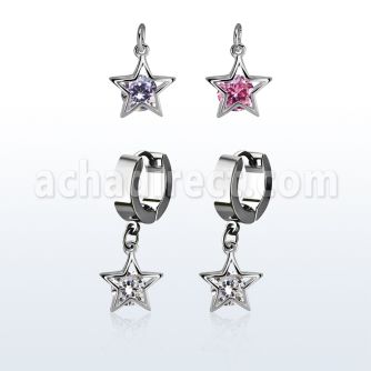 erhz414 par pendientes huggie oreja acero inoxidable brillo espejo colgante estrella zirconia redonda medio plata mayorista