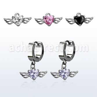 erhz586 par pendientes huggie oreja acero inoxidable brillo espejo colgante corazon zirconia alas al por mayor