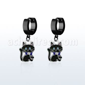 erk503 pendiente huggie oreja acero inoxidable pvd negro colgante gato negro cristal borde mayorista