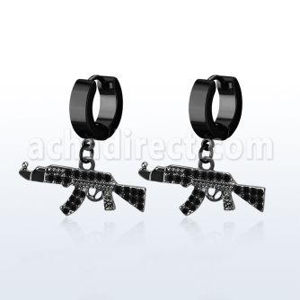 erk631 pendiente huggie oreja acero inoxidable pvd negro colgante negro miniatura ak47 distribuidor mayorista