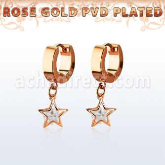 errz414 pendiente huggie oreja acero inoxidable pvd oro rosa colgante estrella zirconia redonda medio oro rosa mayorista