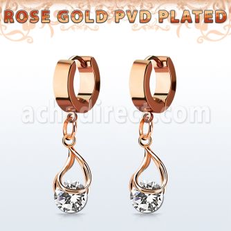 errz416 pendiente huggie oreja acero inoxidable pvd oro rosa colgante zirconia redonda ajustada presion oro rosa mayorista