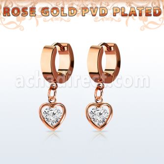 errz419 pendiente huggie oreja acero inoxidable pvd oro rosa colgante corazon zirconia redonda medio oro rosa distribuidor mayorista
