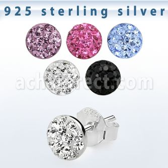esfd12m par piercing oreja plata esterlina 925 media bola 6mm cristal ferido al por mayor