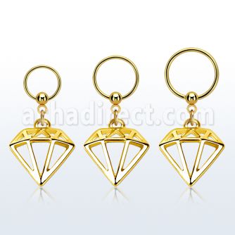 gold plated steel ball closure ring w diamond dangling