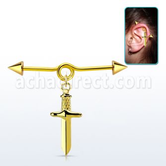 incntd17 barbell industrial loop con bucle acero chapado pvd dorado dos conos colgante punal colgante laton chapado oro