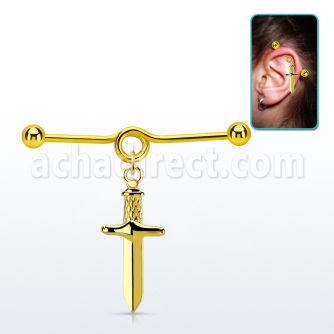 indtd17 barbell industrial loop con bucle acero chapado pvd dorado dos bolas colgante punal colgante laton chapado oro