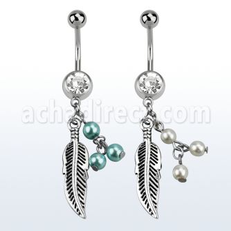 mcd601 piercing ombligo acero quirurgico bola joya bisel 8mm pluma 3 perlas falsas 10mm venta