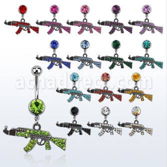 mcd631 piercing ombligo acero quirurgico bola joya bisel 8mm miniatura ak47 negro cn cristal 10mm venta