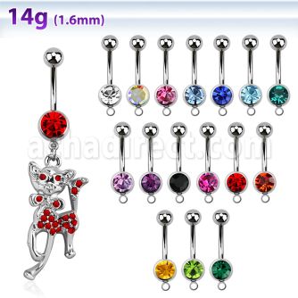 mcdct5 piercing ombligo acero quirurgico bola joya bisel 8mm gato cristal colgado 10mm venta