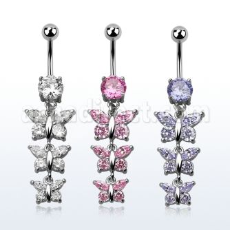 mcdz289 piercing ombligo acero quirurgico zirconia redonda 8mm tres mariposas zirconia mayorista