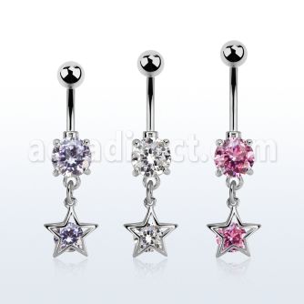 mcdz414 piercing ombligo acero quirurgico zirconita redonda 8mm colgante estrella zirconia redonda medio plata al por mayor