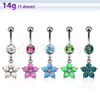 mcopfl20 piercing ombligo acero quirurgico bola joya 8mm flor 5 petalos opalos sinteticos 10mm mayorista