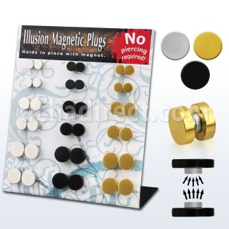 mgmpr8 display 18 plugs falsos magneticos acero brillo espejo acero anodizado negro dorado anillo goma distribuidor mayorista