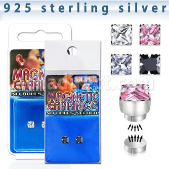 mgzq6 par piercing oreja magnetico plata zirconia cuadrada 6mm en blister pack paquete mayorista