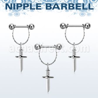npdl47 barbell pezon acero quirurgico dos bolas conectadas traves una pequena cadena colgante punal colgante laton chapado plata