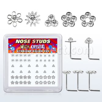 nsbxm7c display caja unidades piercing nariz plata esterlina parte superior flores variadas cristales color claro