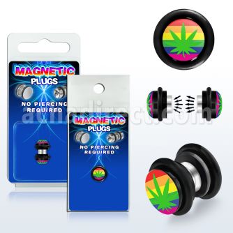pkmp66 plug falso magnetico acrilico negro logo marihuana verde sobre rayas arcoiris anillos goma 8mm 1 pieza venta