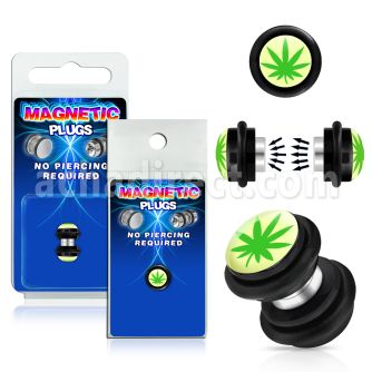 pkmp67 plug falso magnetico acrilico negro logo marihuana verde fondo blanco anillos goma 8mm 1 pieza al por mayor