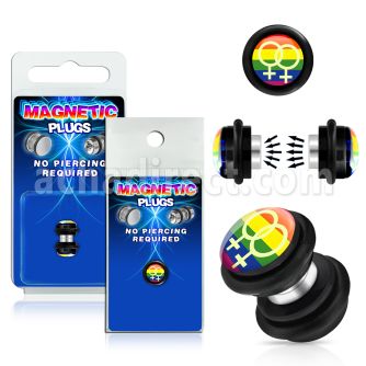 pkmp73 plug falso magnetico acrilico negro logo femenino doble sobre rayas arcoiris anillos goma 8mm 1 pieza distribuidor mayorista