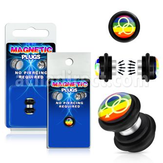 pkmp74 plug falso magnetico acrilico negro logo masculino doble sobre rayas arcoiris anillos goma 8mm 1 pieza venta