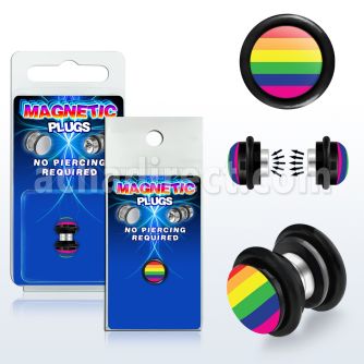 pkmp75 plug falso magnetico acrilico negro logo rayas arcoiris anillos goma 8mm 1 pieza mayorista
