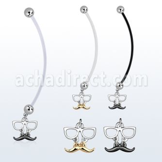 pnd507 piercing ombligo embarazada bolas 5mm acero colgante negro dorado bigote gafas longitud 50mm mayorista