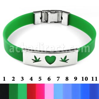 sbl26 brazalete banda piel color placa brillo espejo acero inoxidable corazon cortado entre hojas marihuana mayorista