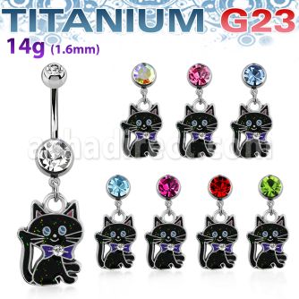 umcd503 piercing ombligo titanio g23 bolas joya bisel 5mm 8mm gato negro colgado cristal lazo 10mm distribuidor