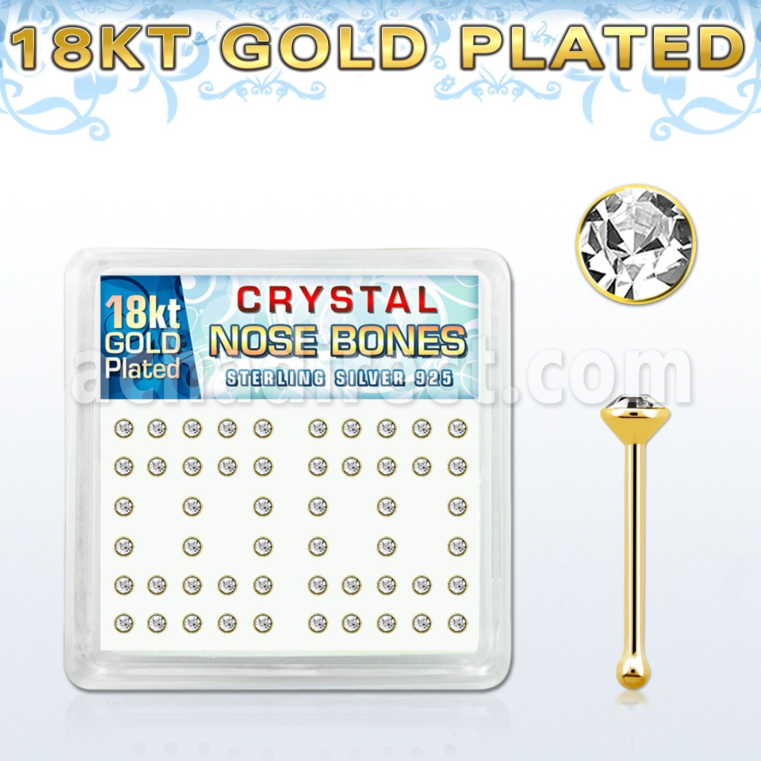 18b14xc caja display piercing nariz hueso plata 925 0 6mm oro 18 kts cristal redondo claro 2mm al por mayor