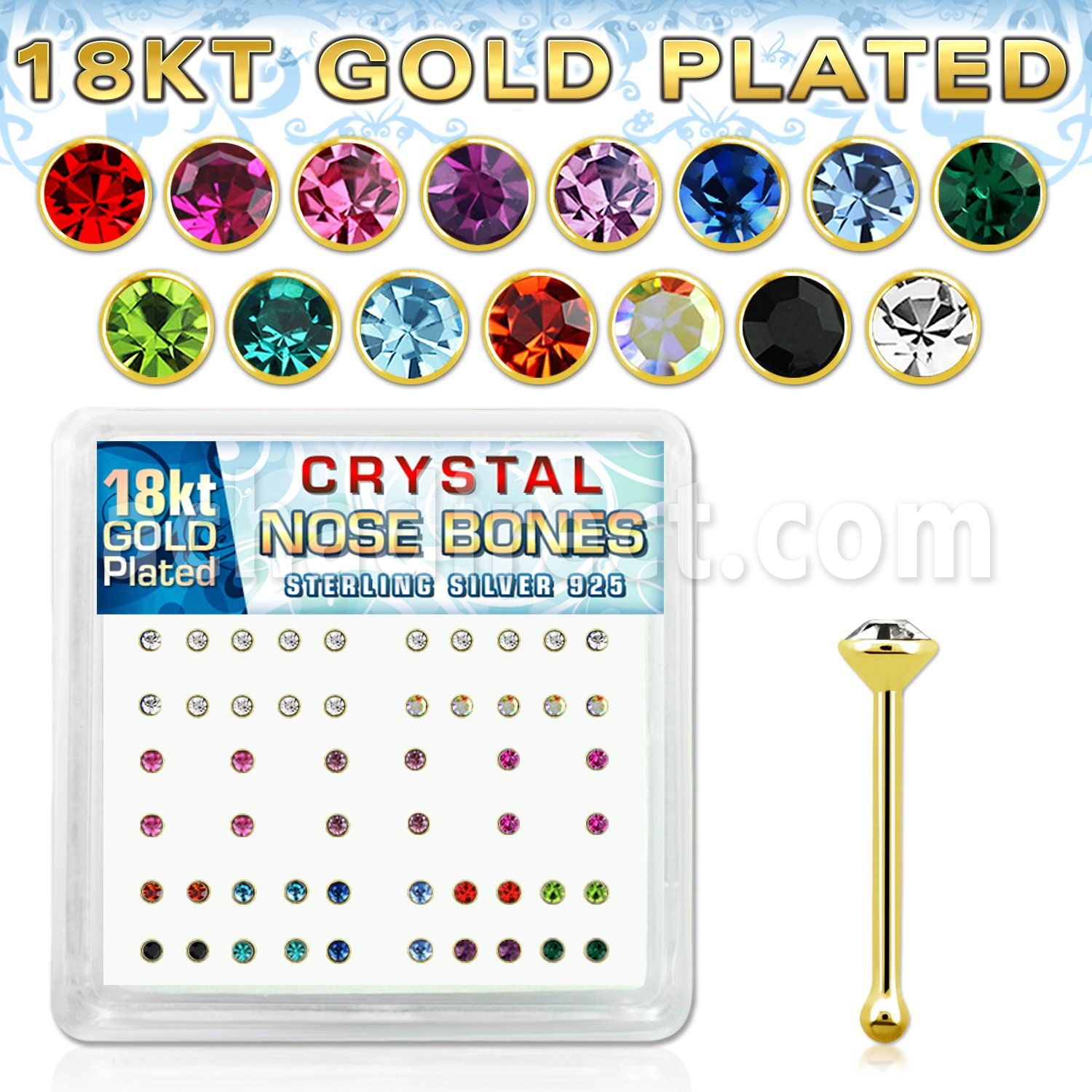 18b14xm caja display piercing nariz hueso plata 925 0 6mm oro 18 kts cristal redondo 2mm mayorista