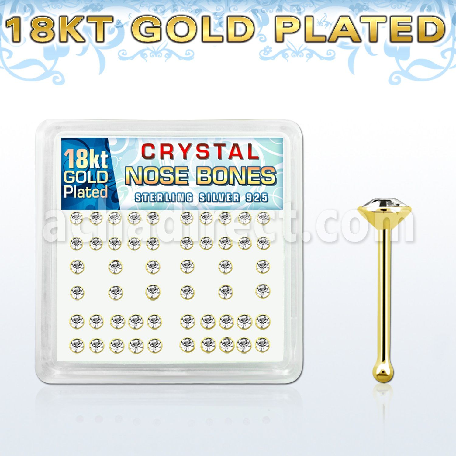 18b19xc caja display piercing nariz hueso plata esterlina 925 0 6mm oro 18 kts cristal claro 2 5mm al por mayor