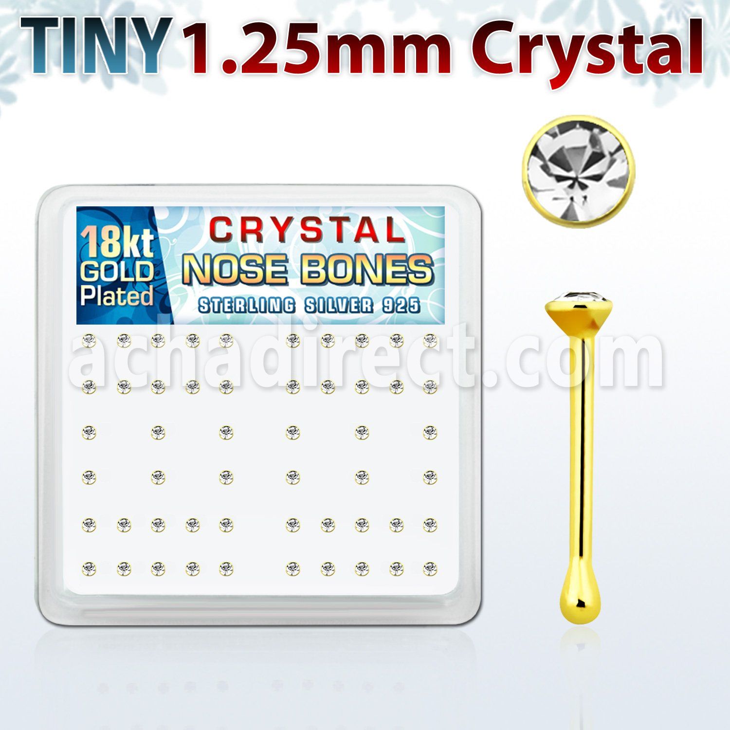 18b6xc caja display piercing nariz hueso plata esterlina 925 0 6mm oro 18 kts cristal claro 1 25mm mayorista