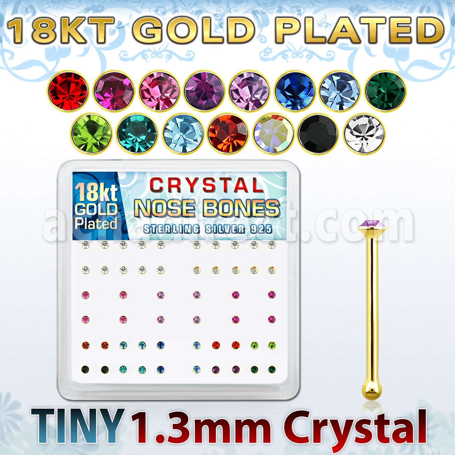 18b6xm caja display piercing nariz hueso plata esterlina 925 0 6mm oro 18 kts cristal 1 25mm mayorista
