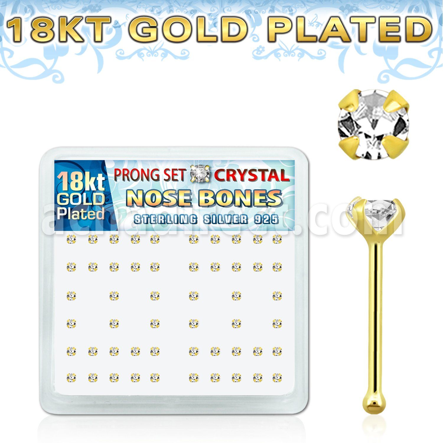 18bp14xc caja display piercing nariz hueso plata 925 0 6mm oro 18 kts cristal claros redondos 2mm venta